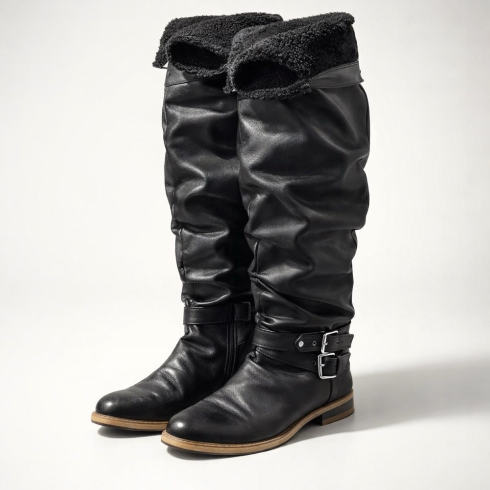 Just Fab Brand - Black  Boots, Silver Hardware, Fluffy Accents, Women's size 9
